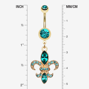Detail View 1 of Golden Fleur de Lis Belly Ring-Teal